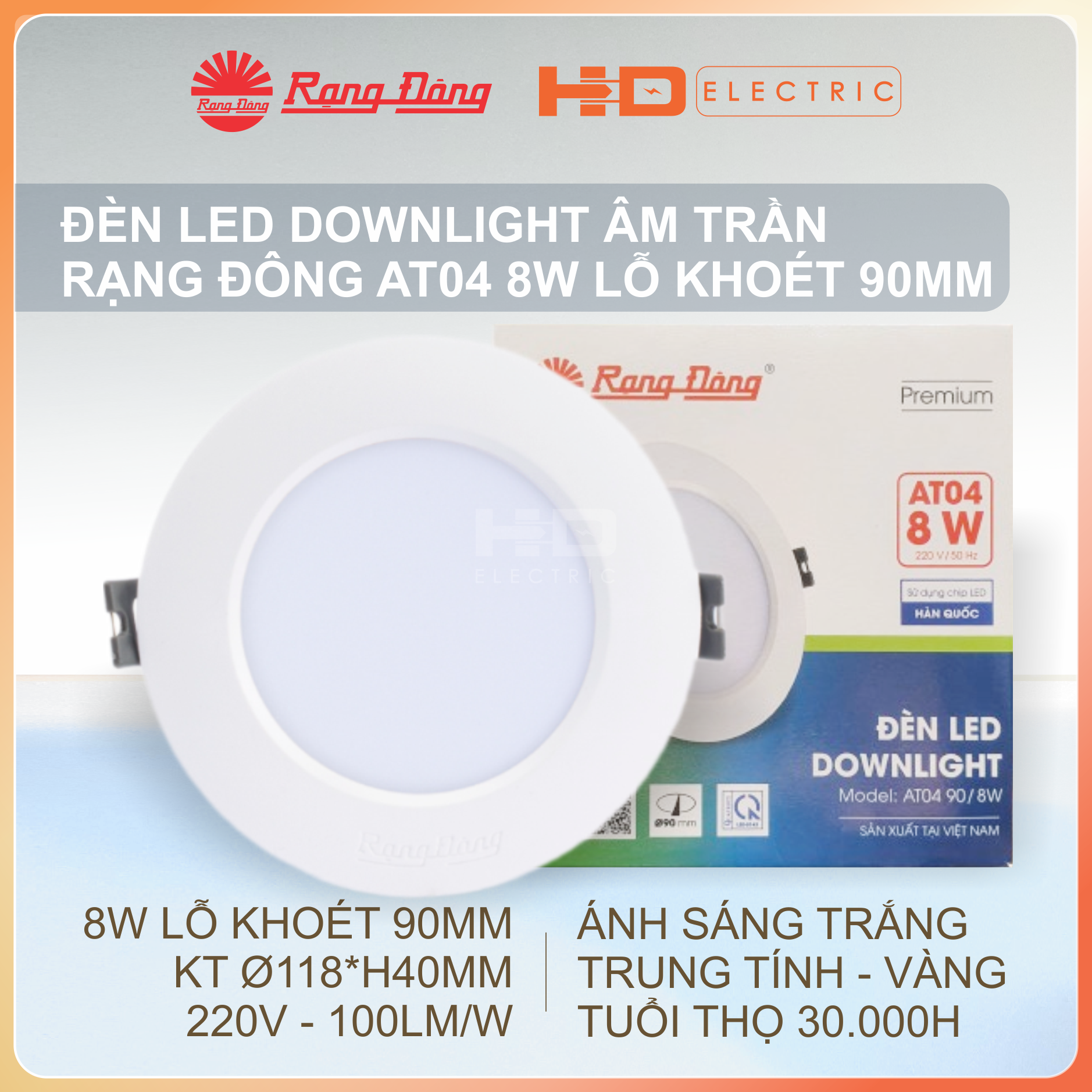 Đèn LED Âm trần Rạng Đông AT04 8W Lỗ khoét 90mm (D90) - Downlight Ánh sáng trắng (6500K)